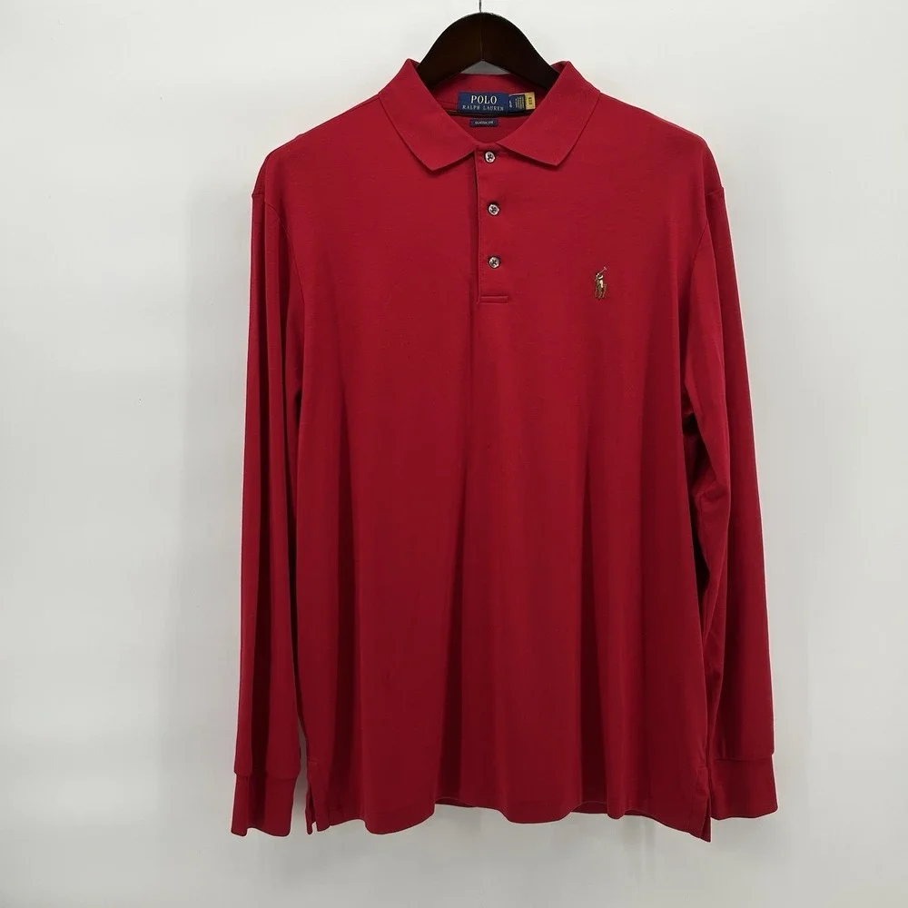 Polo Ralph Lauren Performance Polo Mens L Red Classic Fit Long Sleeve Flesh Pony